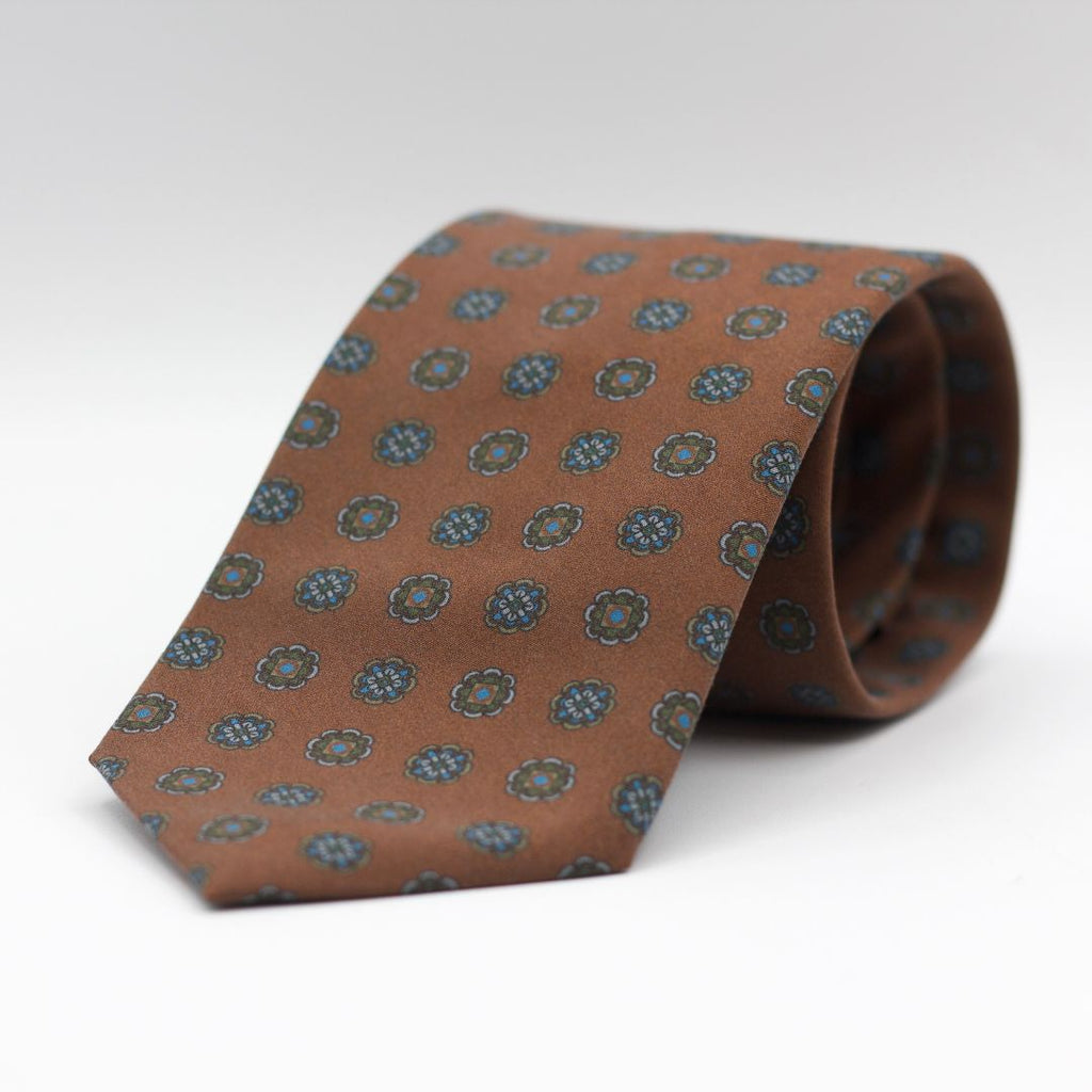Cruciani & Bella - Printed Madder Silk  - Brown, Green and Light Blue Tie