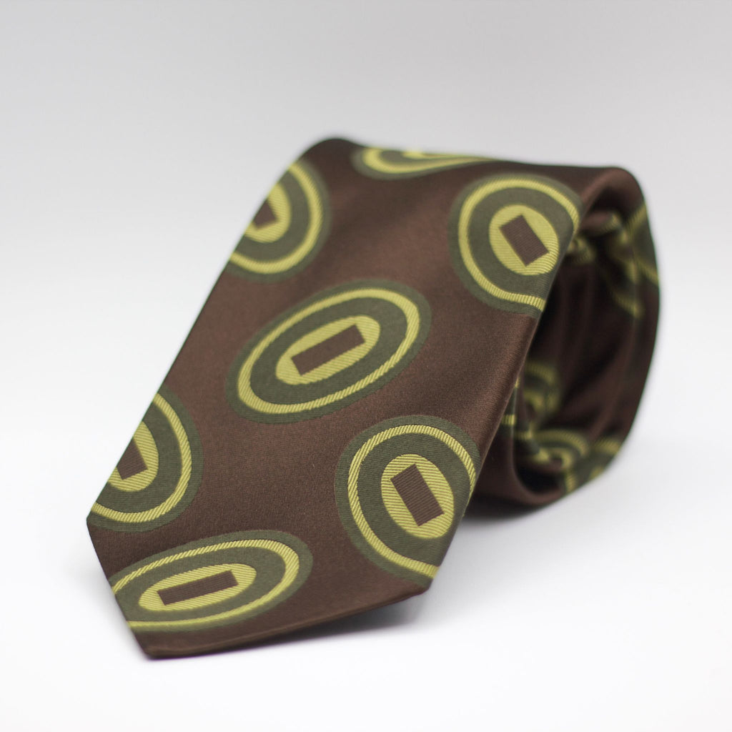 Cruciani & Bella 100% Silk Jacquard  Tipped Brown, Green and Lime Green motif tie Handmade in Italy 8 cm x 150 cm