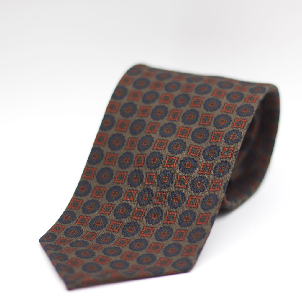 Cruciani & Bella 100%  Printed Wool  Unlined Hand rolled blades Brown, Orange, Blue and Green Motifs Tie Handmade in Italy 8 cm x 150 cm