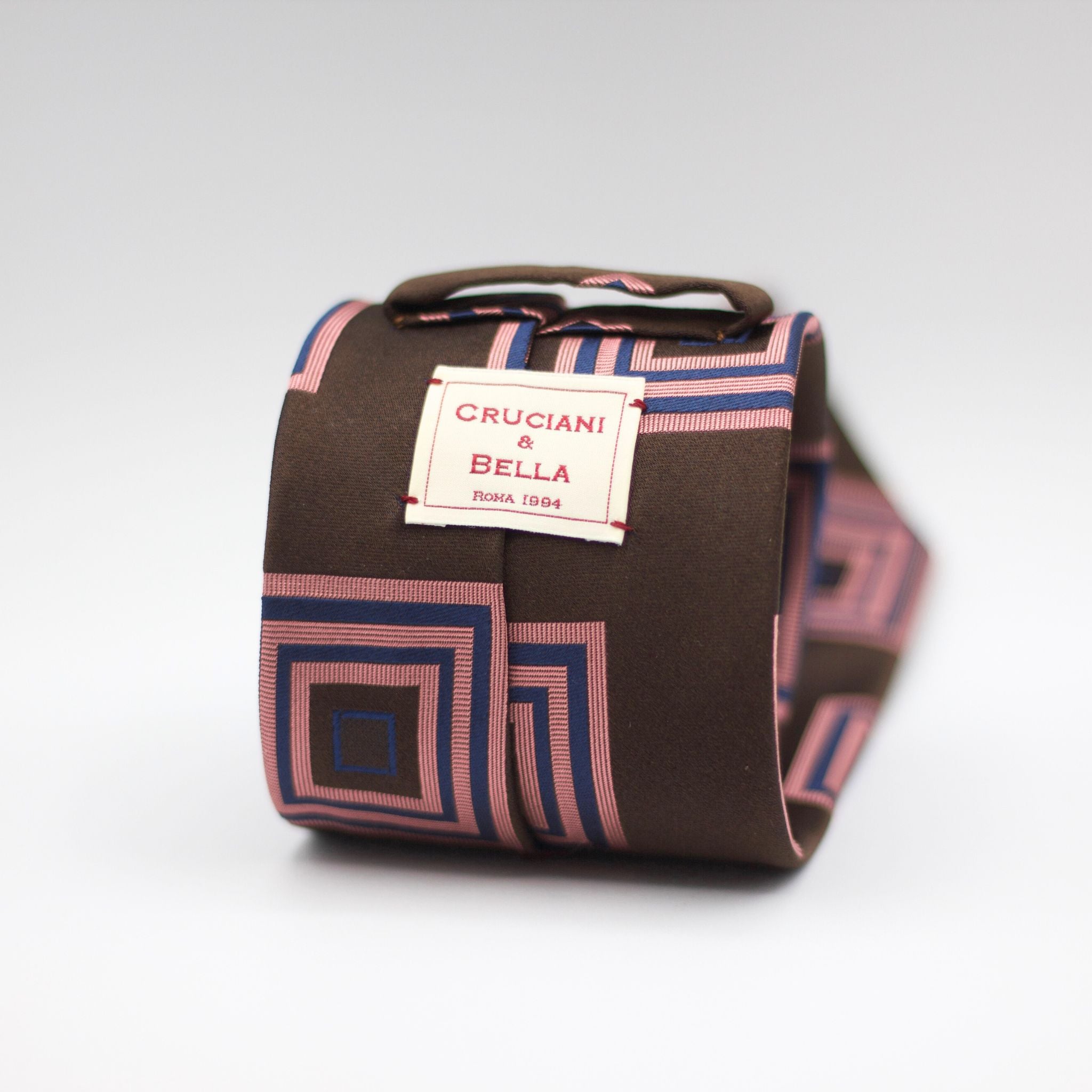 Cruciani & Bella 100% Silk Jacquard  Tipped Brown, Pink and Blue motif tie Handmade in Italy 8 cm x 150 cm