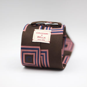 Cruciani & Bella 100% Silk Jacquard  Tipped Brown, Pink and Blue motif tie Handmade in Italy 8 cm x 150 cm