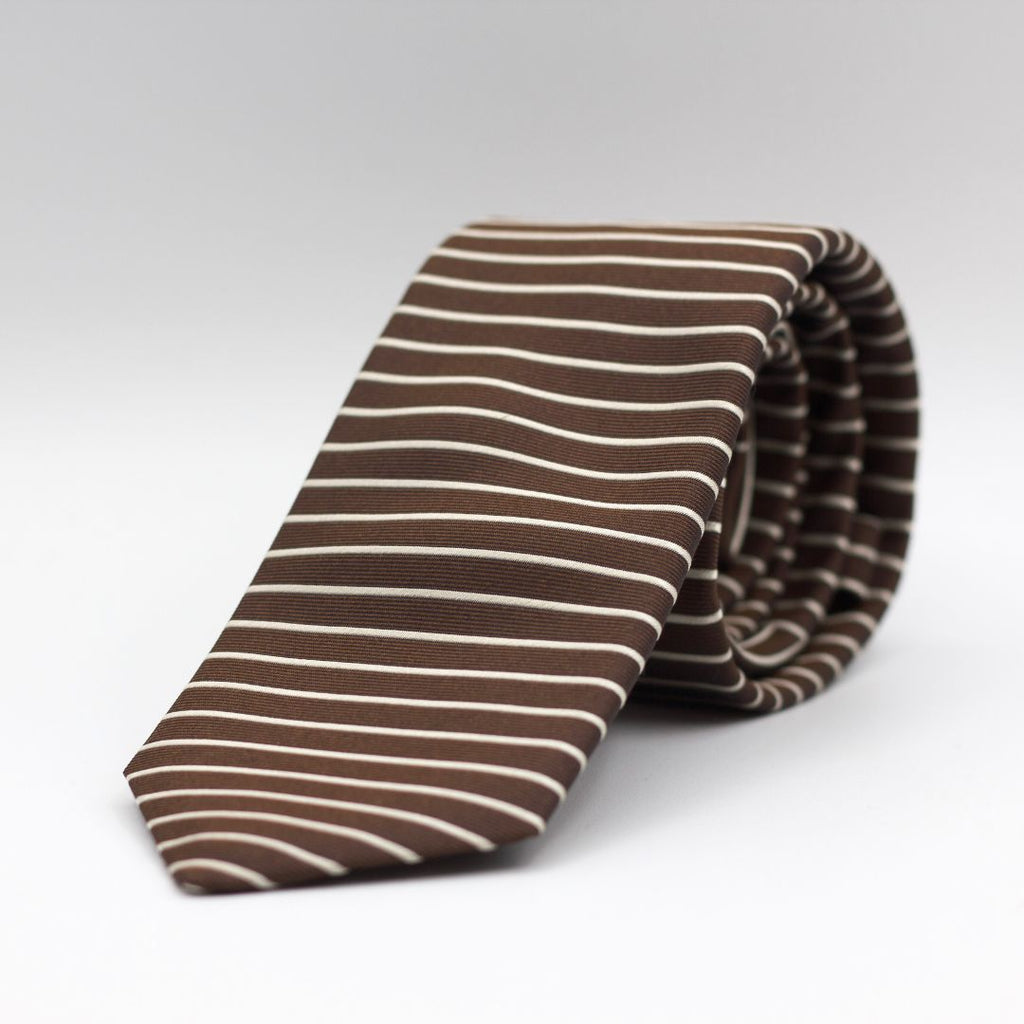 Cruciani & Bella 100% Silk  Jacquard  Tipped Brown, Two Ways Off White Stripes Tie Handmade in Italy 7 cm x 150 cm