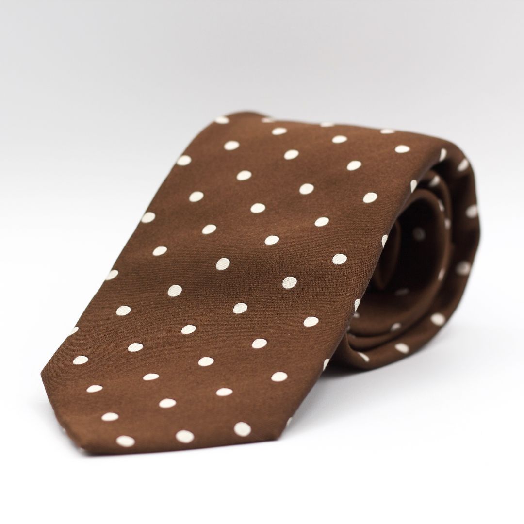 Cruciani & Bella 100% Silk  Jacquard  Tipped Brown, White Polka Dots Tie Handmade in Italy 8 cm x 150 cm