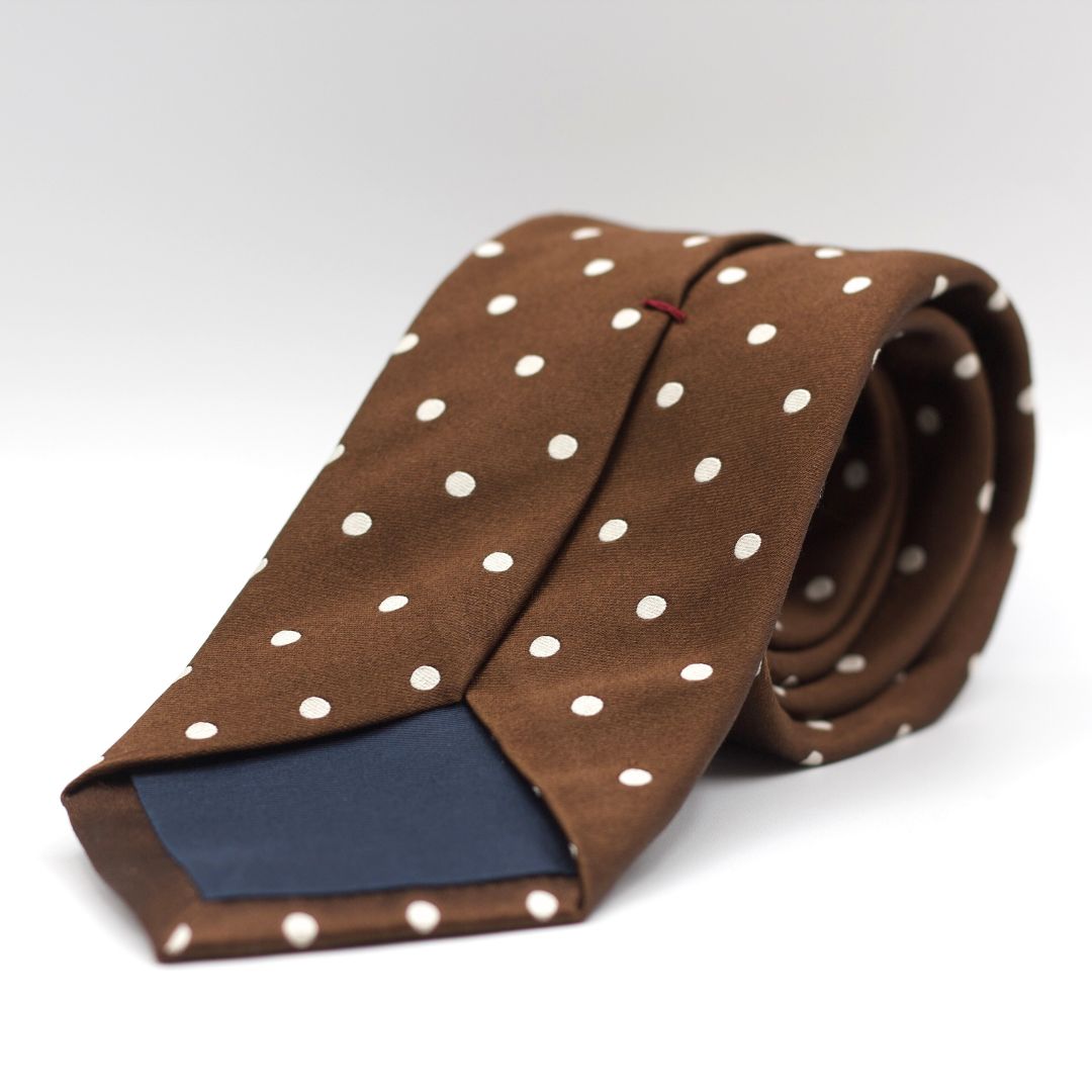 Cruciani & Bella 100% Silk  Jacquard  Tipped Brown, White Polka Dots Tie Handmade in Italy 8 cm x 150 cm