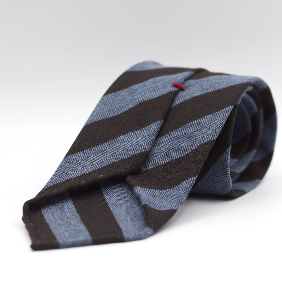 Cruciani & Bella - 60% Wool/ 40% Silk - Unlined  - Brown and Indigo Blue Herringbone Stripes Tie #6006