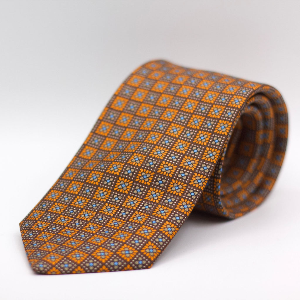 Cruciani & Bella 100% Silk Printed Self-Tipped Brown and Orange, Beige and Baby Blue Motif Tie Handmade in Rome, Italy. 8 cm x 150 cm