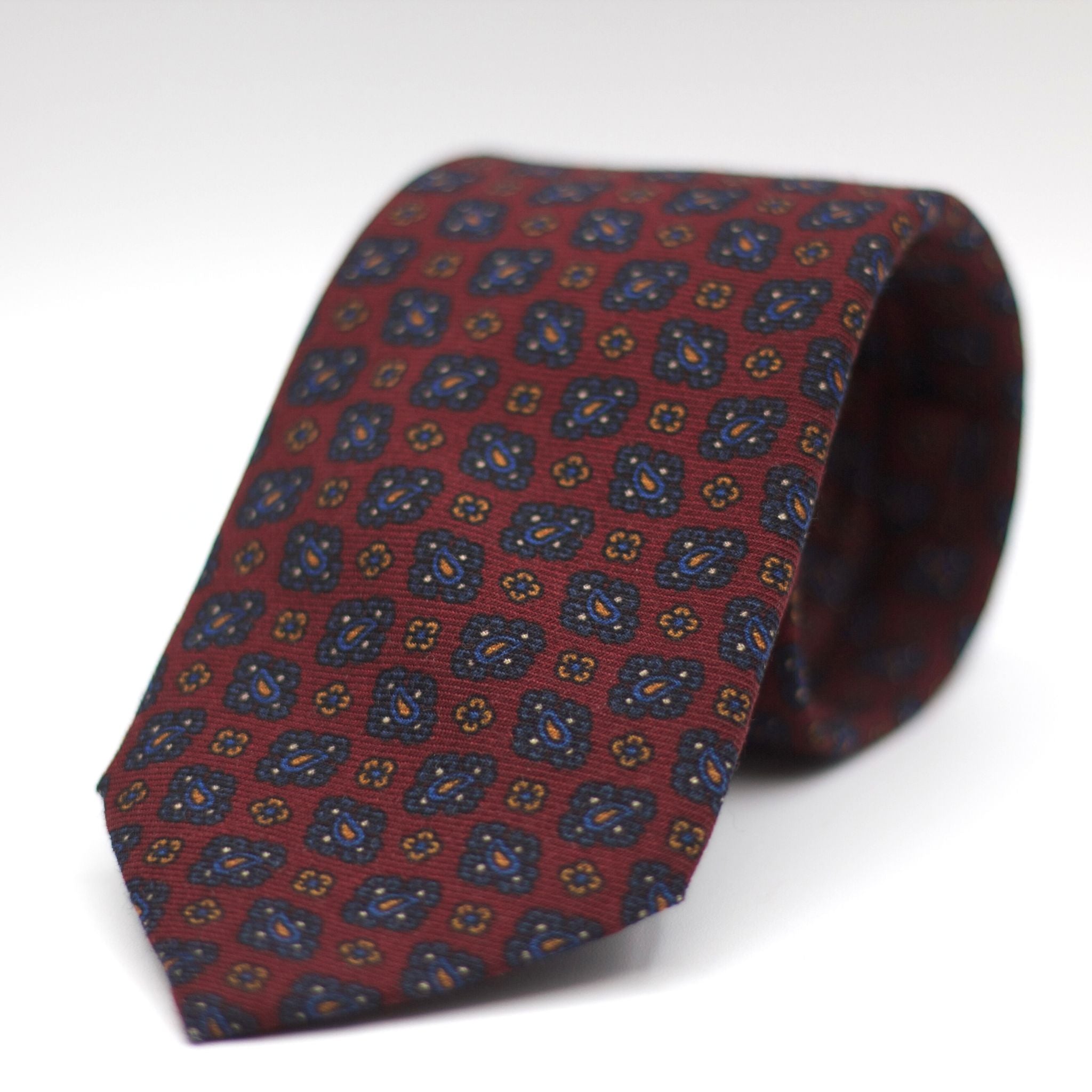 Holliday & Brown for Cruciani & Bella 100% Printed Wool  Self-Tipped Burgundy, Blue, Orange and White Motif Tie Handmade in Italy 8 cm x 148 cm