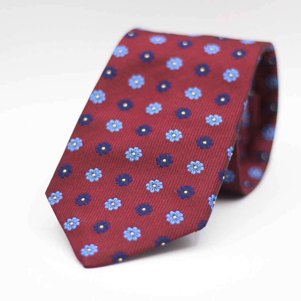 Cruciani & Bella 100% Silk Jacquard  Tipped Burgundy, Blue and Light Blue Floral Motif Tie Handmade in Italy 8 cm x 150 cm
