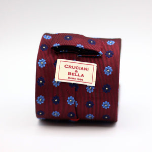 Cruciani & Bella 100% Silk Jacquard  Tipped Burgundy, Blue and Light Blue Floral Motif Tie Handmade in Italy 8 cm x 150 cm