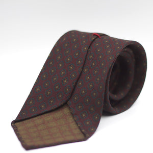 Cruciani & Bella 100%  Printed Wool  Unlined Hand rolled blades Burgundy, Brown and Green Motifs Tie Handmade in Italy 8 cm x 150 cm