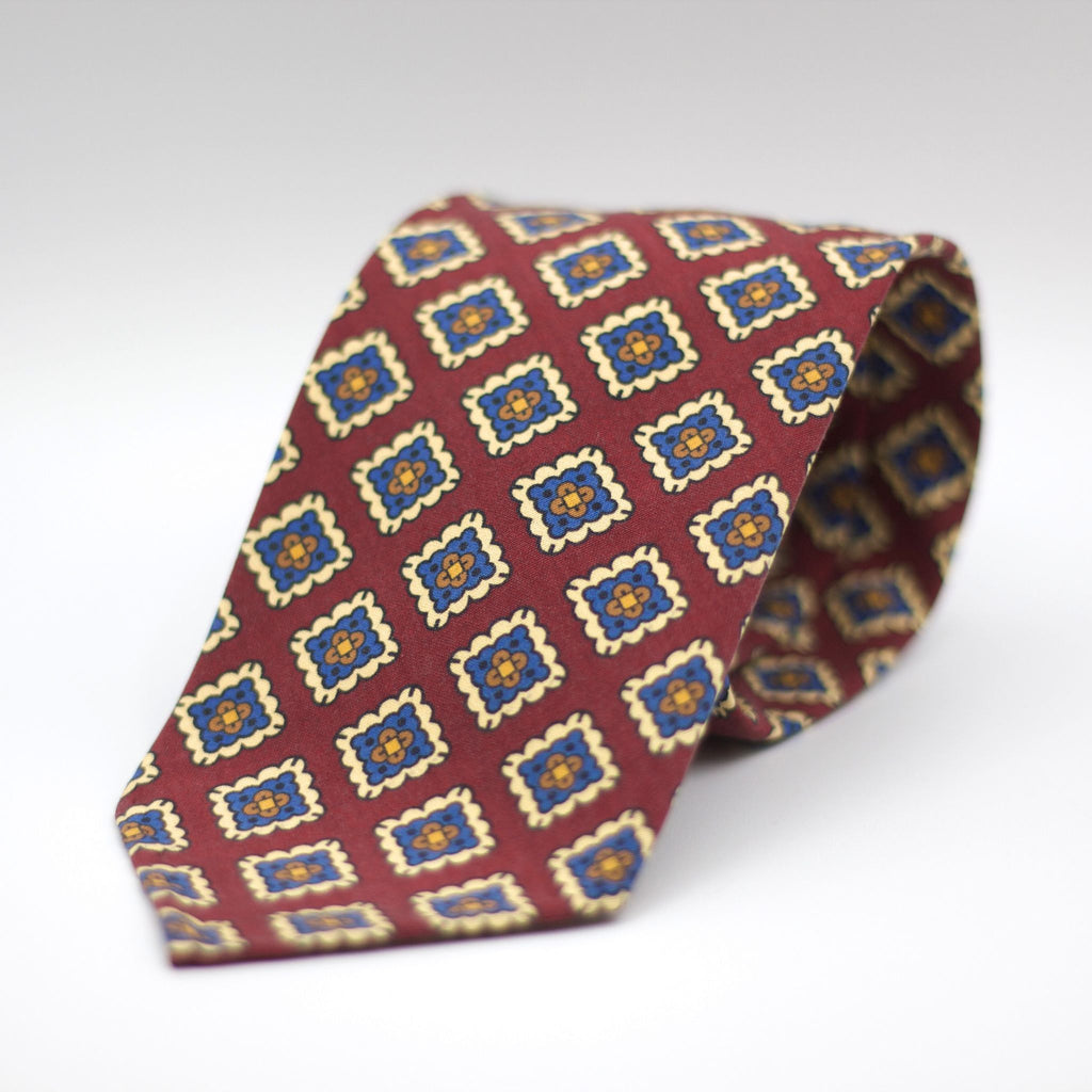 Cruciani & Bella 100% Printed Madder Silk  Italian fabric Unlined tie Burgundy, Cream, Blue and Brown Unlined Printed Tie Handmade in Italy 8 cm x 150 cm