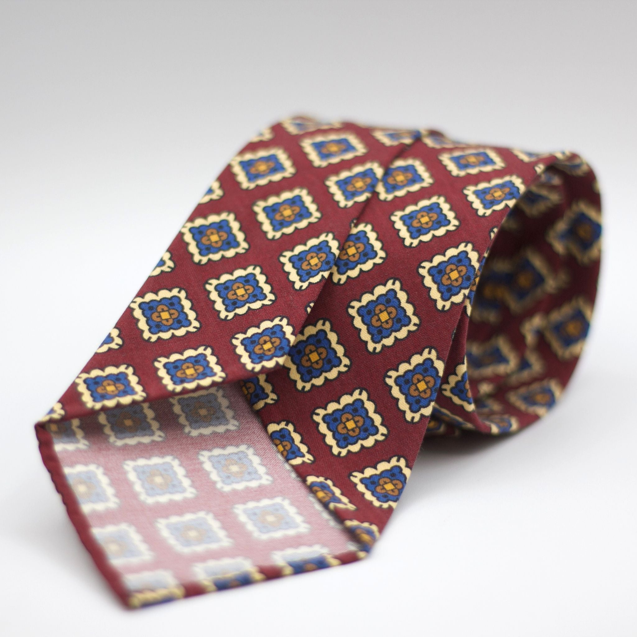 Cruciani & Bella 100% Printed Madder Silk  Italian fabric Unlined tie Burgundy, Cream, Blue and Brown Unlined Printed Tie Handmade in Italy 8 cm x 150 cm