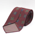 Cruciani & Bella 100% Printed Madder Silk  Italian fabric Unlined tie Burgundy, Green, Blue and Yellow Motif Unlined Tie Handmade in Italy 8 cm x 150 cm