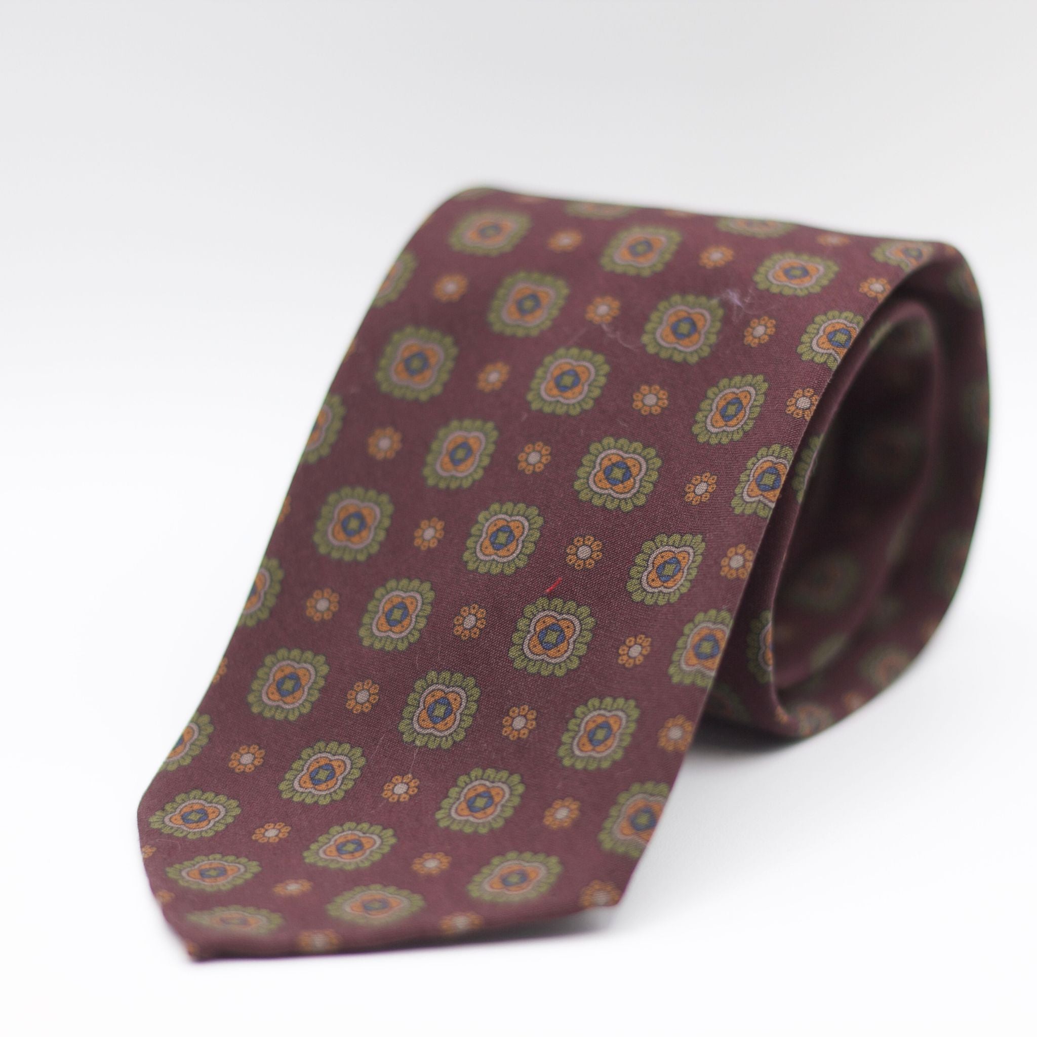 Cruciani & Bella 100% Printed Madder Silk  Italian fabric Unlined tie Burgundy, Green, Brown and Blue Unlined Tie Handmade in Italy 8 cm x 150 cm