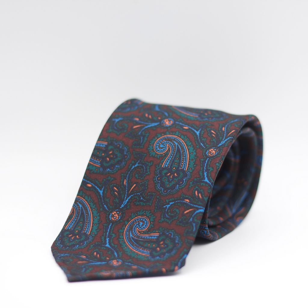 Cruciani & Bella 100% Printed Silk 36 oz UK fabric Unlined Burgundy, Green, Light Blue and Orange Paisley  Unlined Tie Handmade in Italy 8 x 150 cm