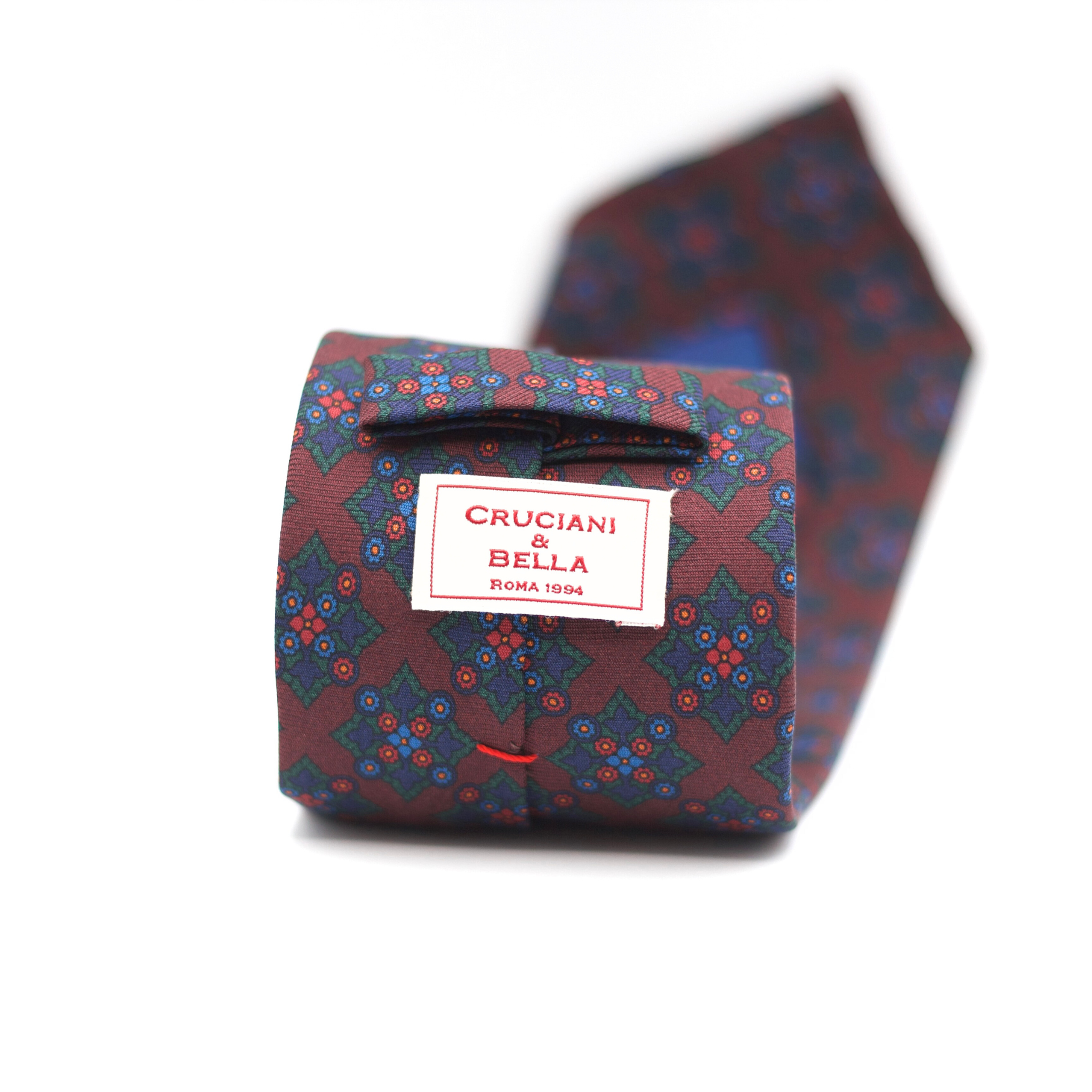 Cruciani & Bella 100% Printed Silk 36 oz UK fabric Unlined Burgundy, Green, Red and  Light Blue Motif Unlined Tie Handmade in Italy 8 x 150 cm