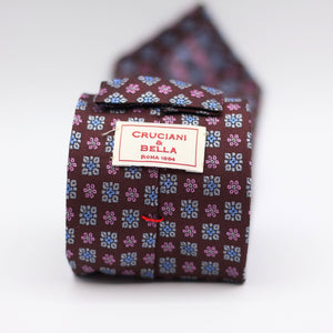 Cruciani & Bella 100% Woven Jacquard Silk Unlined Burgundy, Grey and Light Blue Motif Unlined Tie Handmade in England 8 x 153 cm