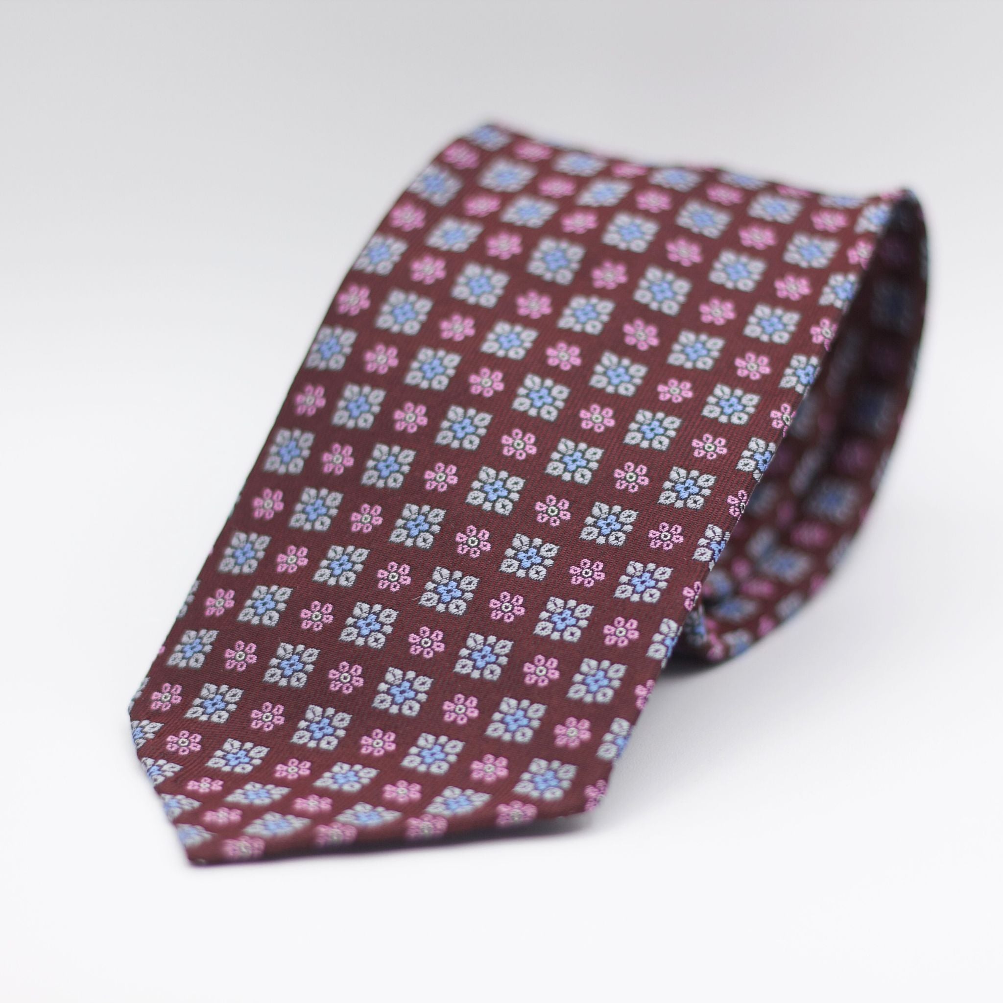 Cruciani & Bella 100% Woven Jacquard Silk Unlined Burgundy, Grey and Light Blue Motif Unlined Tie Handmade in England 8 x 153 cm