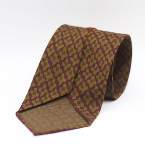 Cruciani & Bella 100%  Printed Wool  Unlined Hand rolled blades Burgundy, Mustard and Green Motifs Tie Handmade in Italy 8 cm x 150 cm