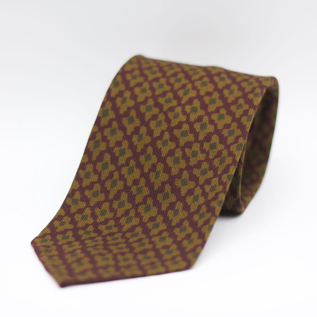 Cruciani & Bella 100%  Printed Wool  Unlined Hand rolled blades Burgundy, Mustard and Green Motifs Tie Handmade in Italy 8 cm x 150 cm