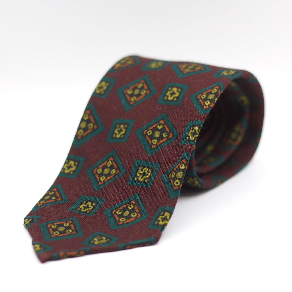 Cruciani & Bella 100%  Printed Wool  Unlined Hand rolled blades Burgundy, Orange, Green and Lime Green Tie Handmade in Italy 8 cm x 150 cm