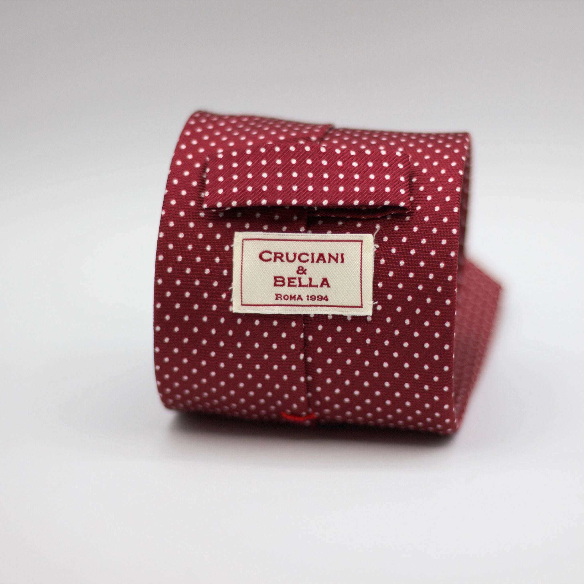 Cruciani & Bella 100% Silk Printed Self-Tipped  Burgundy, White Pin Dots Tie Handmade in Rome, Italy. 8 cm x 150 cm