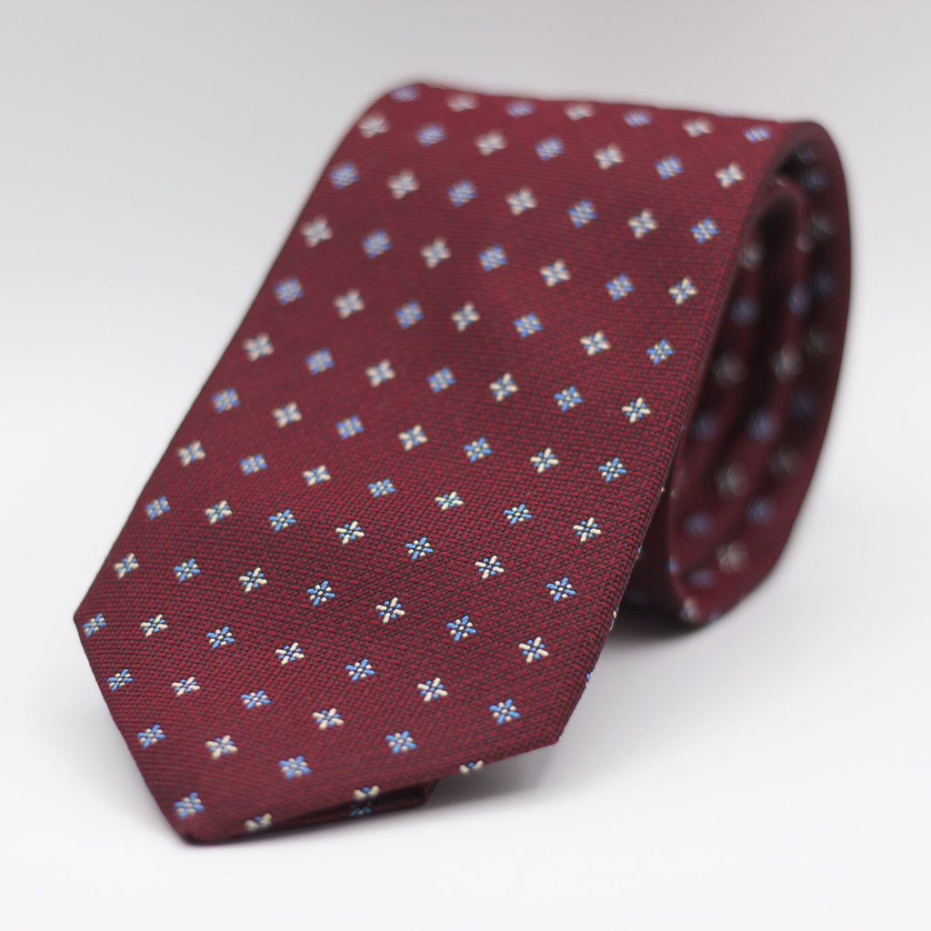 Cruciani & Bella 100% Woven Jacquard Silk UK fabric Self-Tipped Burgundy, White and Light Blue Unlined Tie Handmade in Italy 8 x 150 cm