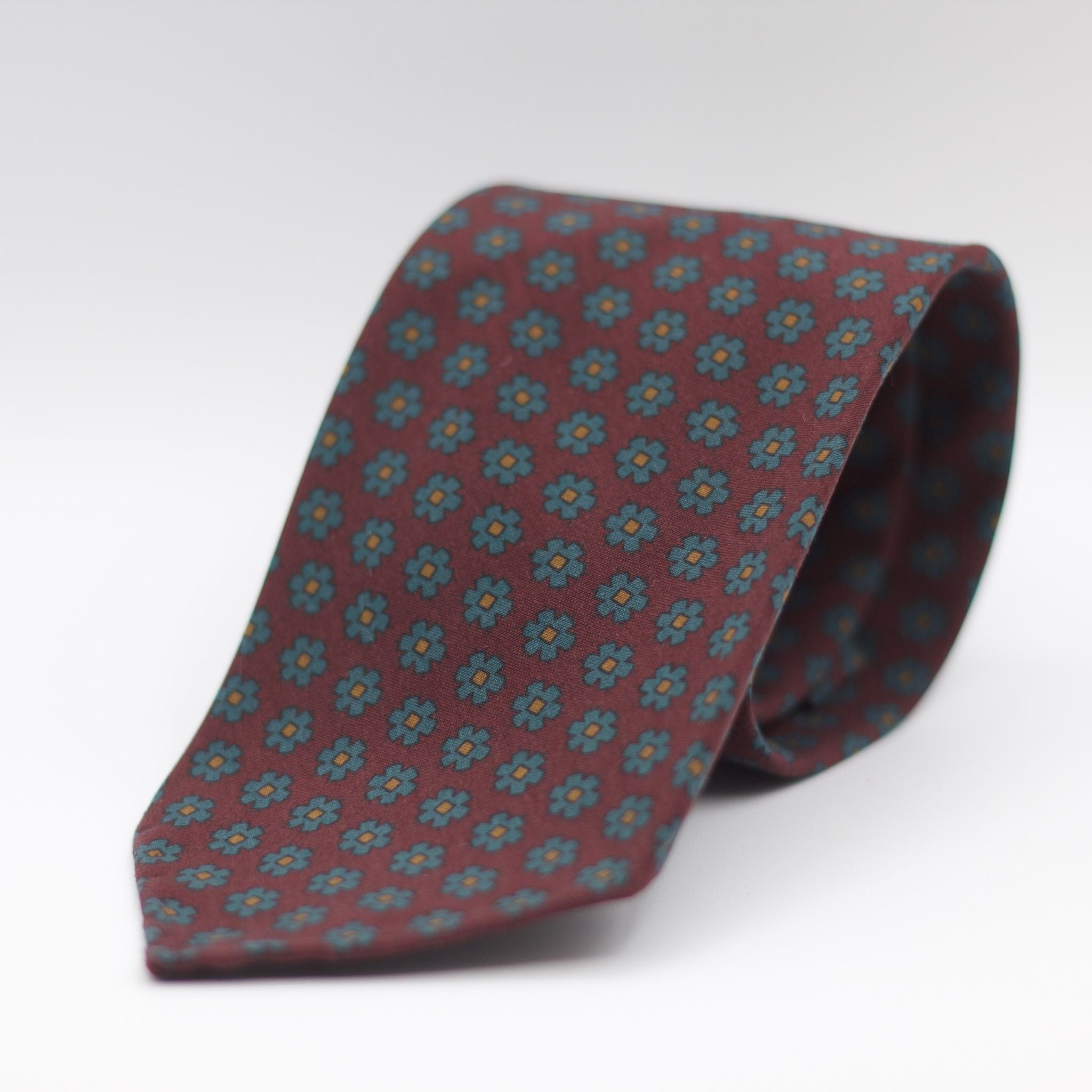 Cruciani & Bella 100% Printed Madder Silk  Italian fabric Unlined tie  Burgundy, Yellow and Green Motif Unlined Tie Handmade in Italy 8 cm x 150 cm