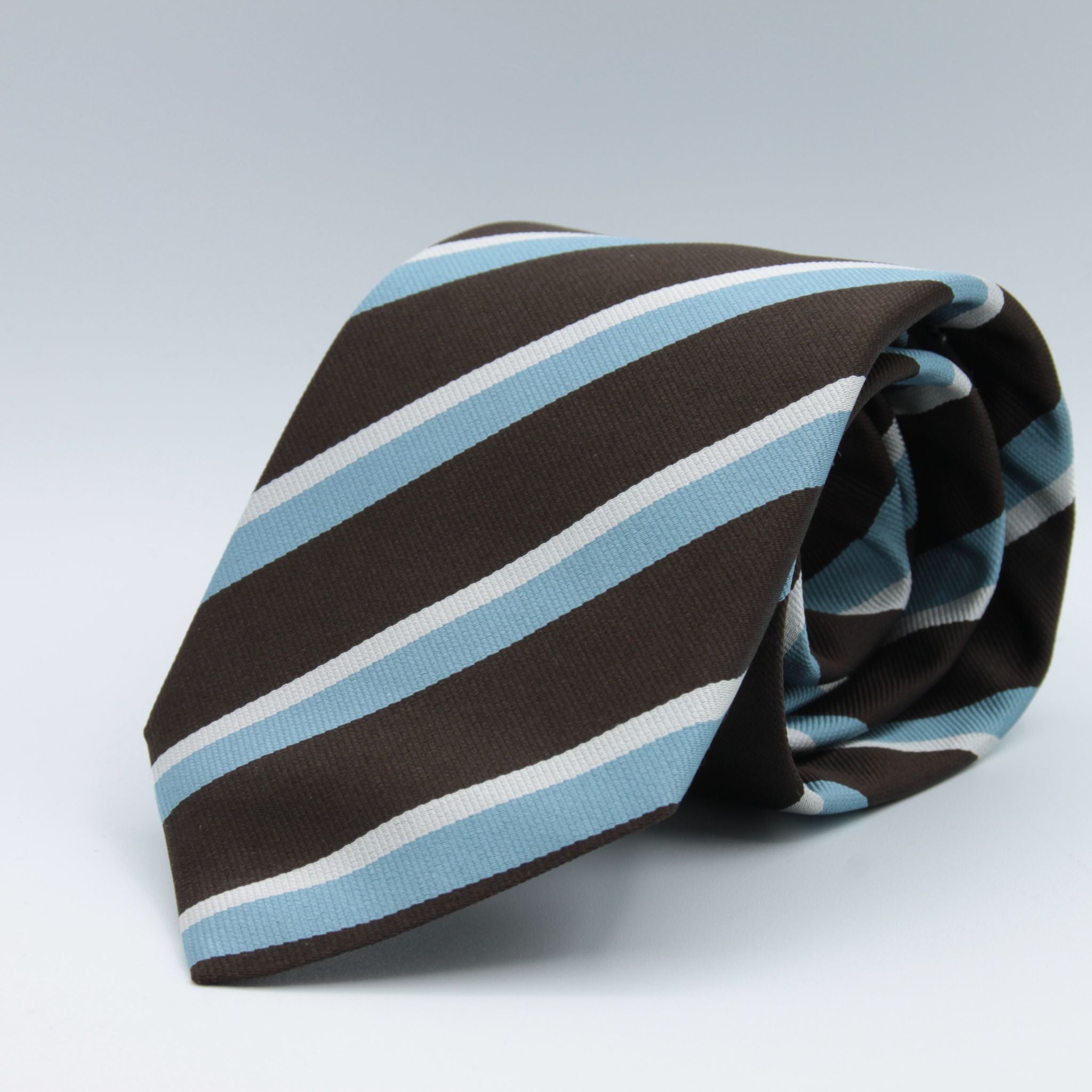 Holliday & Brown for Cruciani & Bella 100% Silk Tipped Jacquard  Regimental "Cambridge Old Mill Hill" Brown, Light Blue and Off-White stripe tie Handmade in Italy 9 cm x 148 cm #6608