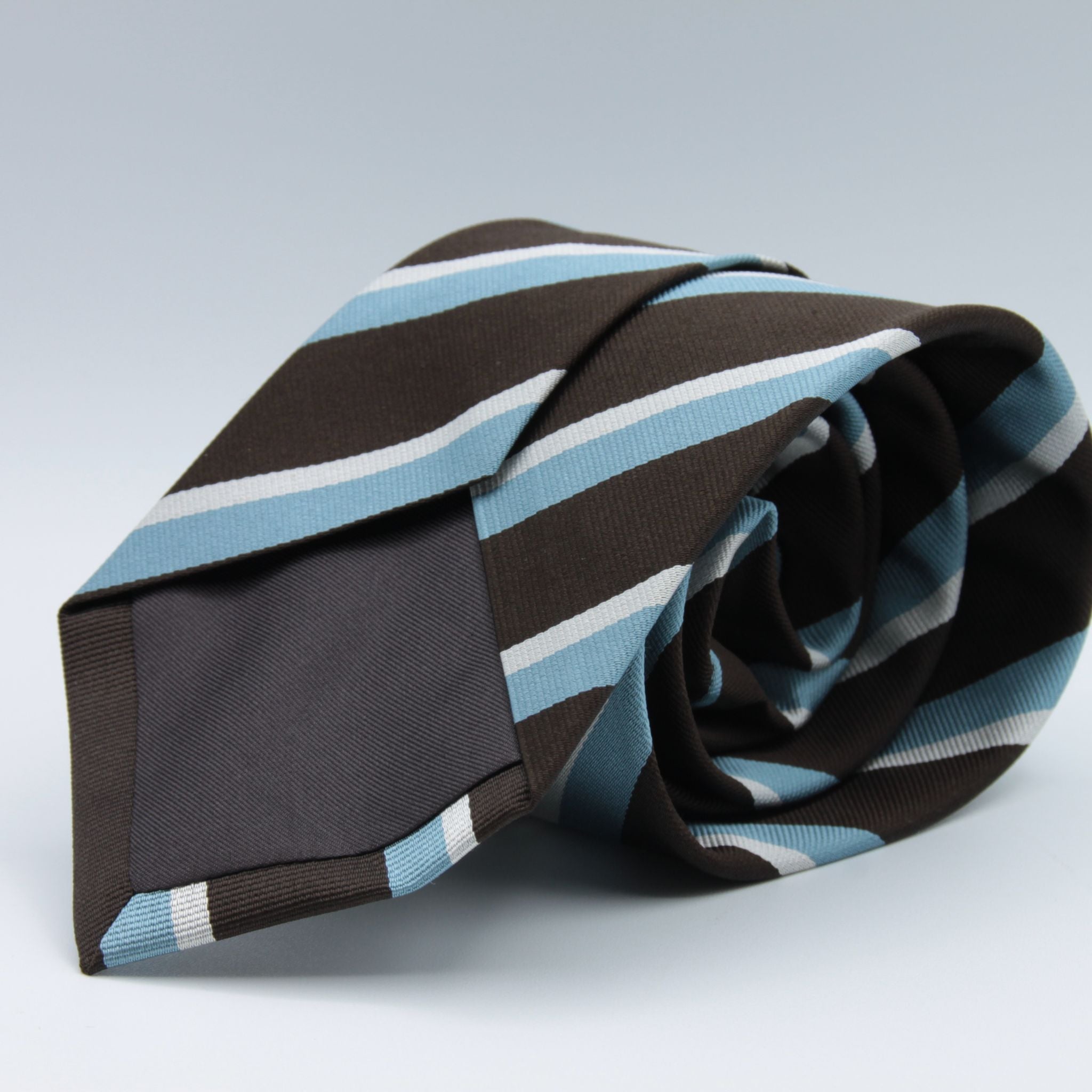 Holliday & Brown for Cruciani & Bella 100% Silk Tipped Jacquard  Regimental "Cambridge Old Mill Hill" Brown, Light Blue and Off-White stripe tie Handmade in Italy 9 cm x 148 cm #6608