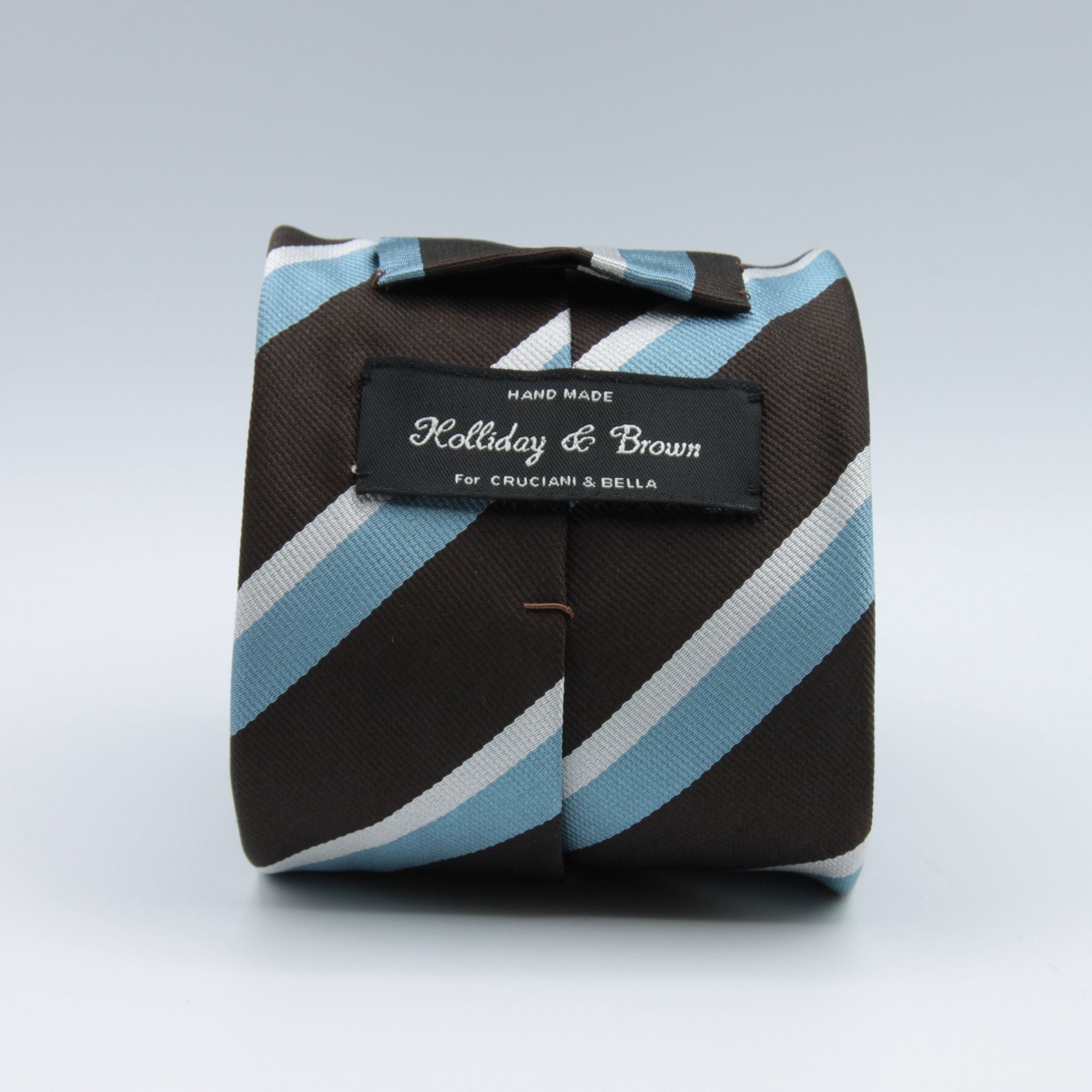 Holliday & Brown for Cruciani & Bella 100% Silk Tipped Jacquard  Regimental "Cambridge Old Mill Hill" Brown, Light Blue and Off-White stripe tie Handmade in Italy 9 cm x 148 cm #6608