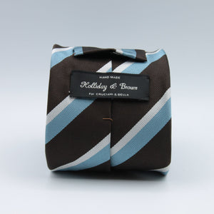 Holliday & Brown for Cruciani & Bella 100% Silk Tipped Jacquard  Regimental "Cambridge Old Mill Hill" Brown, Light Blue and Off-White stripe tie Handmade in Italy 9 cm x 148 cm #6608