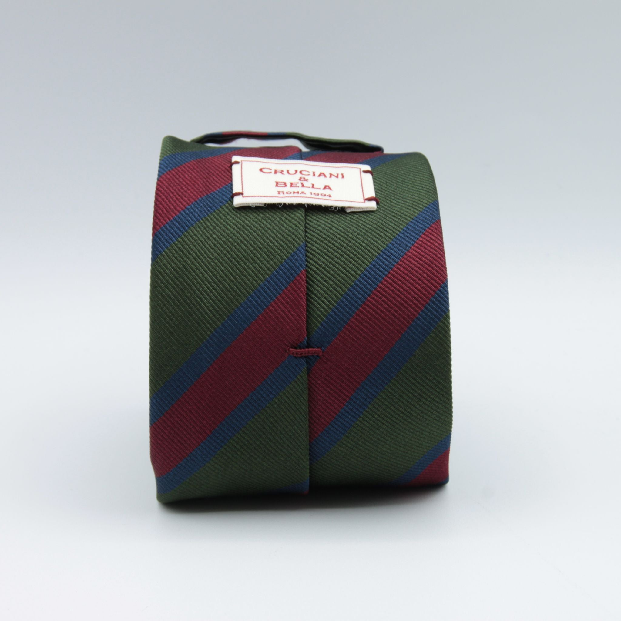 Cruciani & Bella 100% Silk Slim Shape Jacquard  Unlined Regimental "City of London" Green, Blue and Red stripes tie Handmade in Italy 8 cm x 150 cm #7706