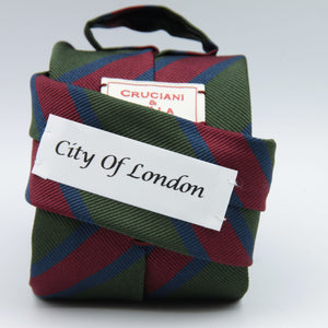 Cruciani & Bella 100% Silk Slim Shape Jacquard  Unlined Regimental "City of London" Green, Blue and Red stripes tie Handmade in Italy 8 cm x 150 cm #7706