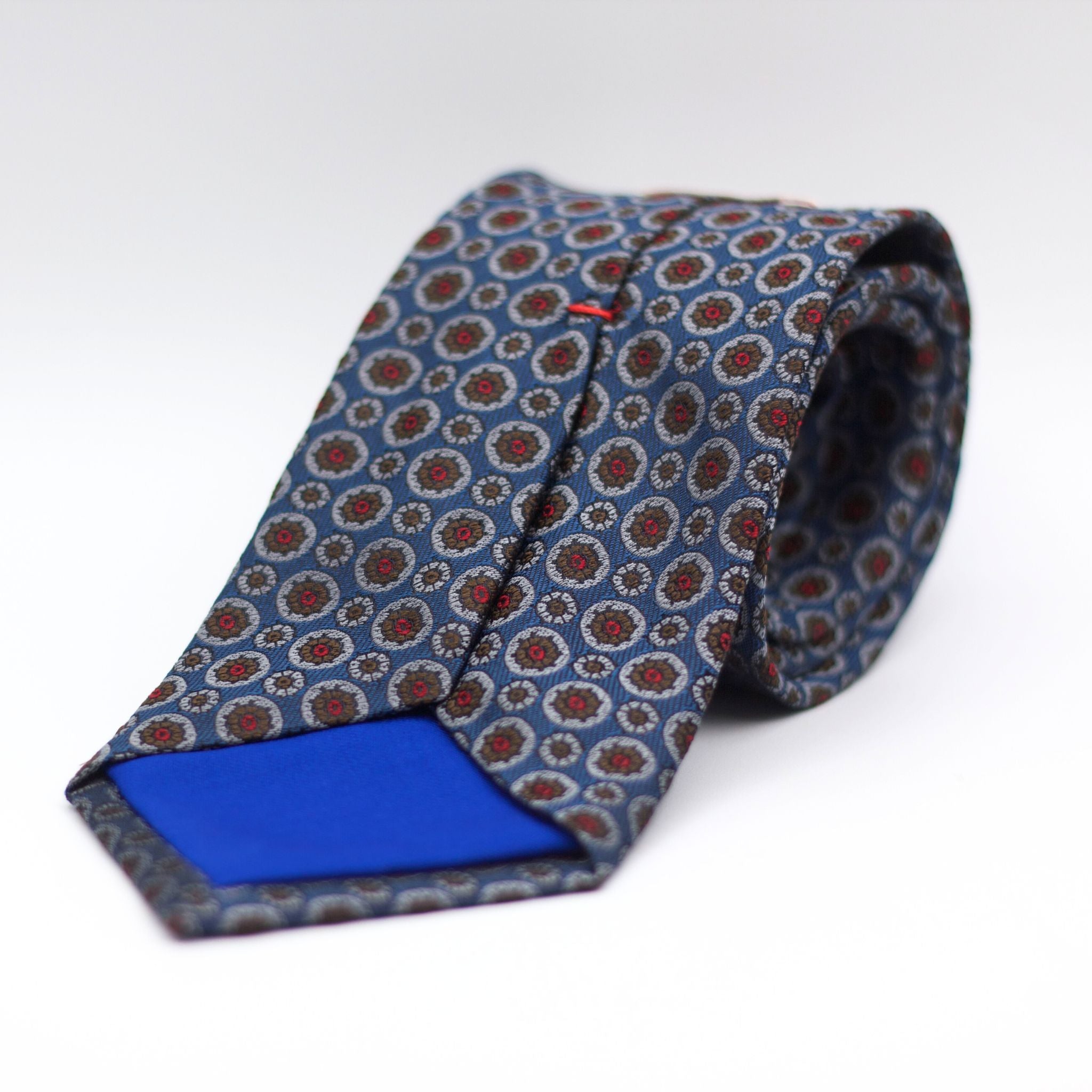 Cruciani & Bella 100% Silk Made in England Jacquard  Tipped Cobalt Blue, Brown and Red Tie Handmade in Italy 8 cm x 150 cm