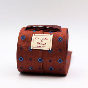 Cruciani & Bella 100% Silk  Jacquard  Tipped Copper, Blue, Light Blue and Yellow Motif Tie Handmade in Italy 8 cm x 150 cm