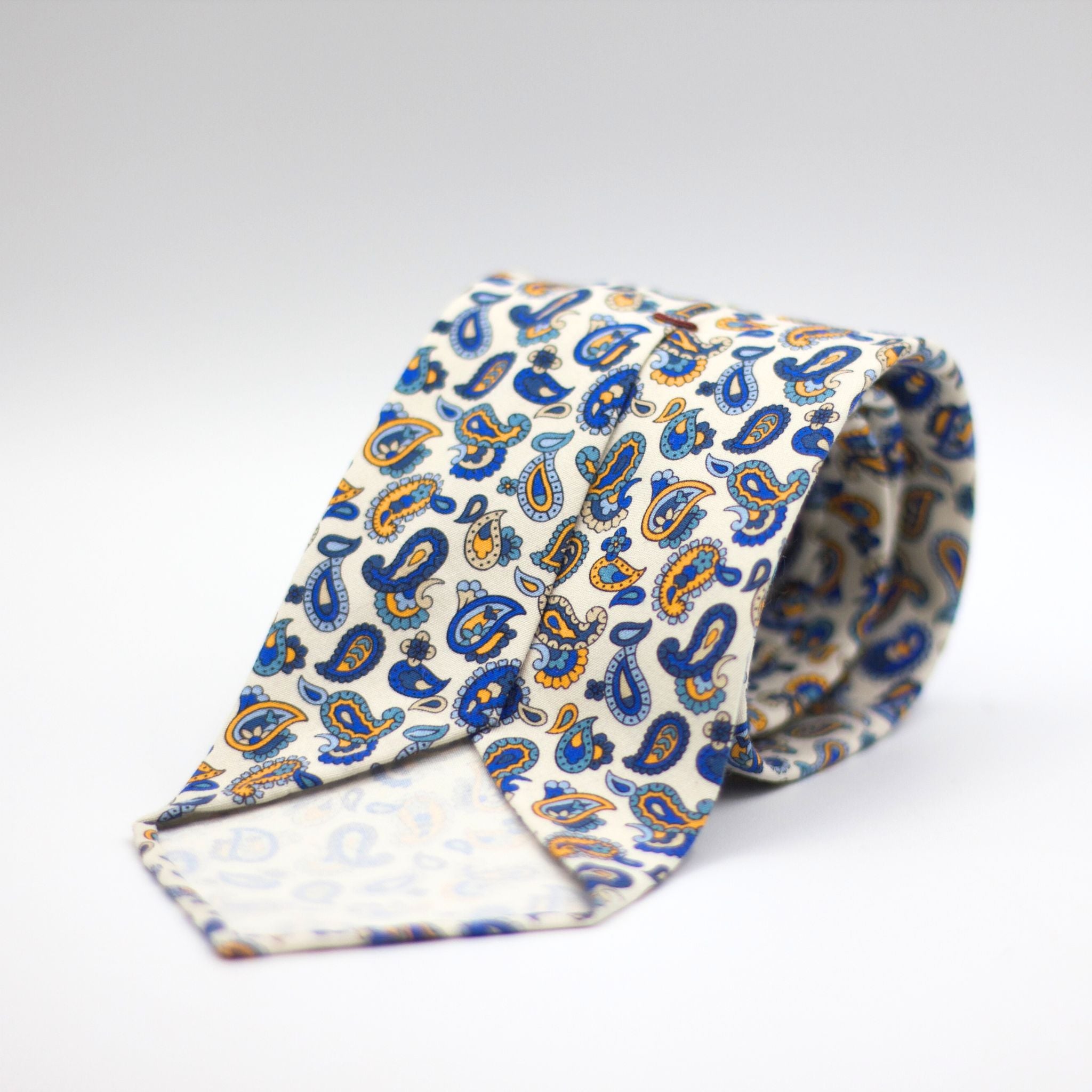 Cruciani & Bella - Printed Madder Silk  - Unlined - White, Blue and Yellow Paisley Tie