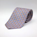 Cruciani &amp; Bella 100% Printed Silk Silk Made in England&nbsp; Self-tipped Beige, Blue and White Motif Tie 8 cm x 150 cm Handmade in &nbsp;England