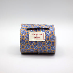 Cruciani &amp; Bella 100% Printed Silk Silk Made in England&nbsp; Self-tipped Beige, Blue and White Motif Tie 8 cm x 150 cm Handmade in &nbsp;England