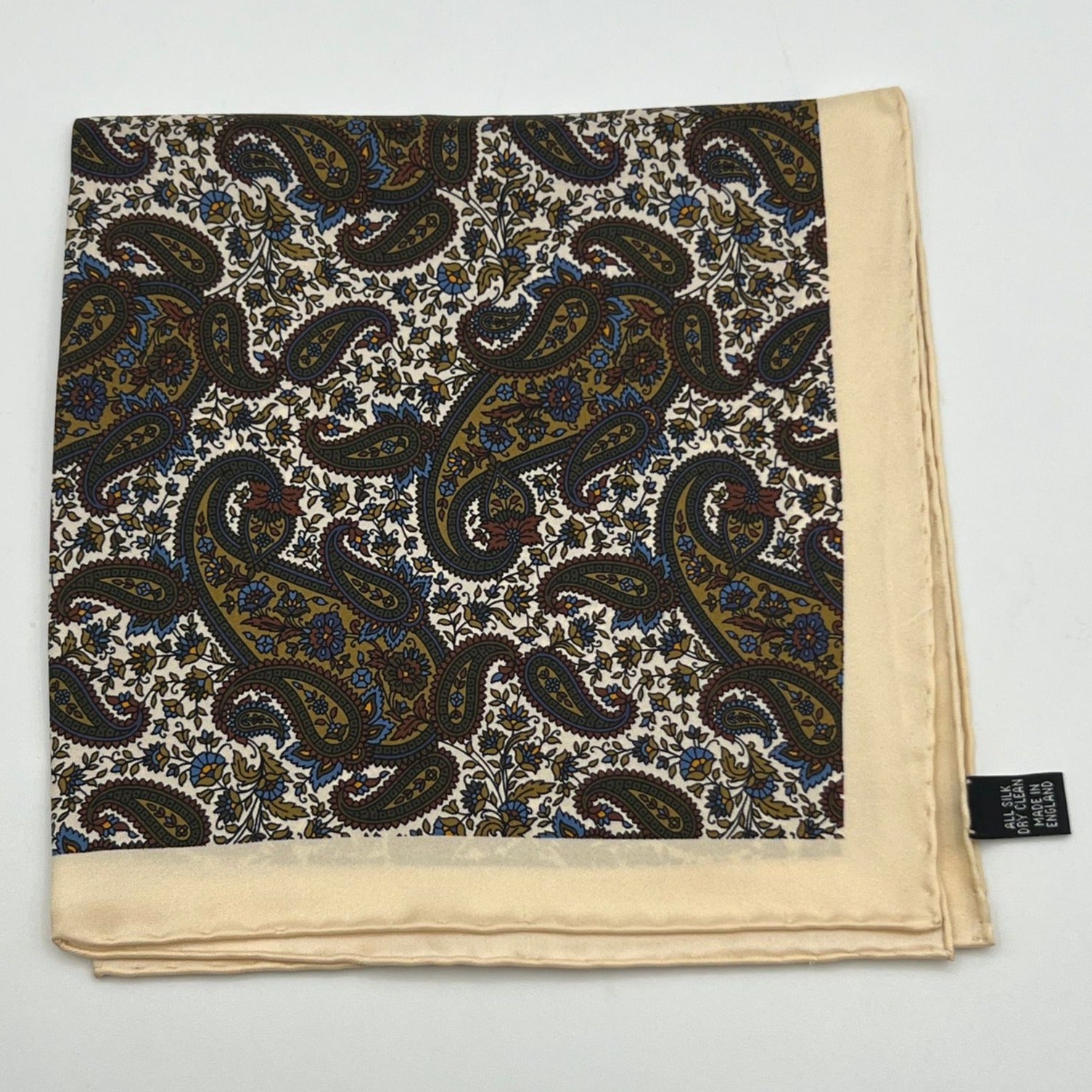 Cruciani & Bella - Silk - Beige, Green, Off White, Light Blue Patterned Motif Pocket Square 