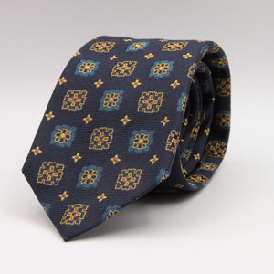 Cruciani & Bella 100% Silk Jacquard  Tipped Blue, Gold, Turquoise and Brown Medallions Tie Handmade in Italy 8 cm x 150 cm #5907