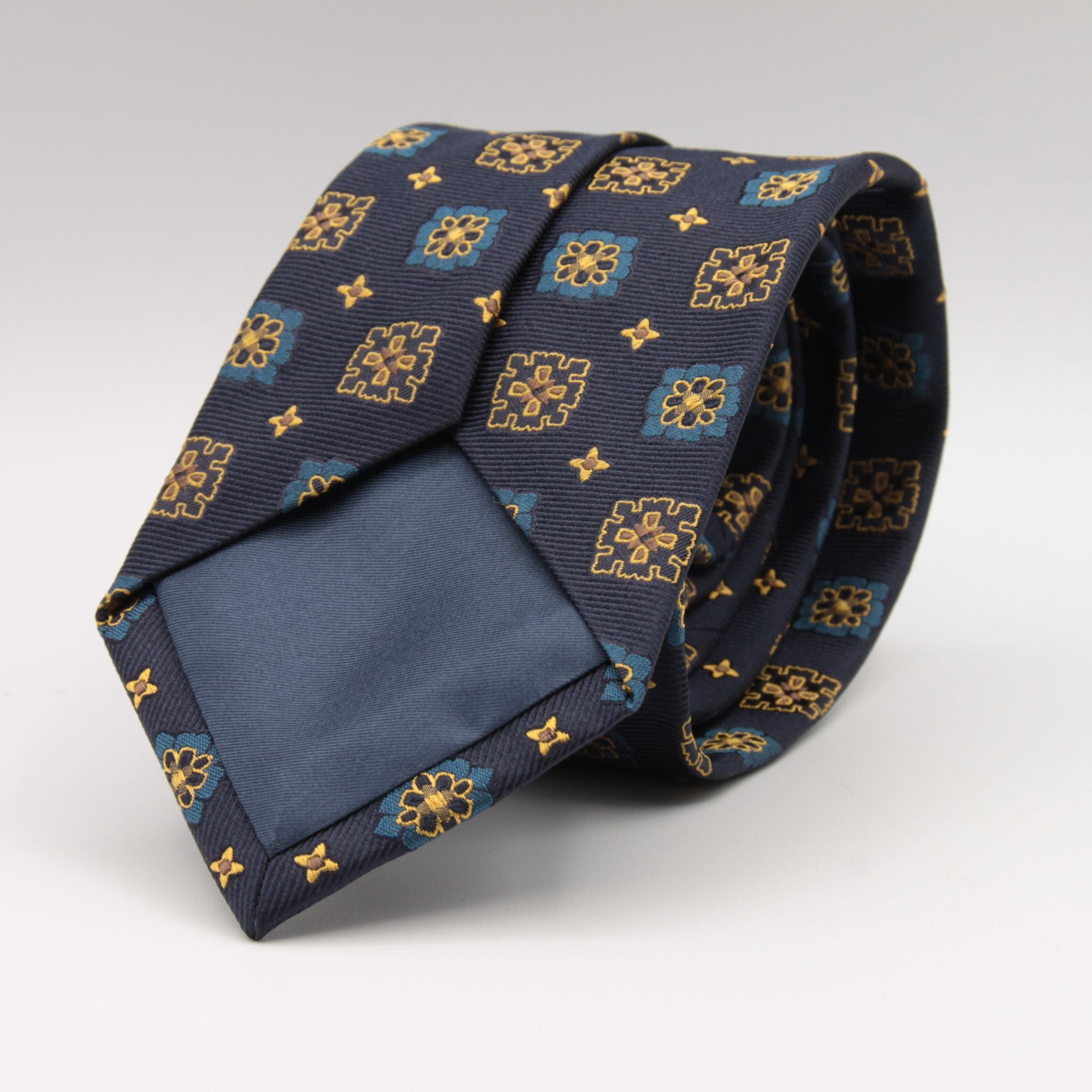 Cruciani & Bella 100% Silk Jacquard  Tipped Blue, Gold, Turquoise and Brown Medallions Tie Handmade in Italy 8 cm x 150 cm #5907