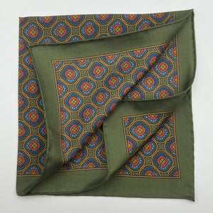 Cruciani & Bella - Silk - Green, Blue, Ocra and Red Patterned Motif Pocket Square 