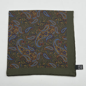 Cruciani & Bella - Silk - Green, Brown, Light Blue Paisley Motif Pocket Square