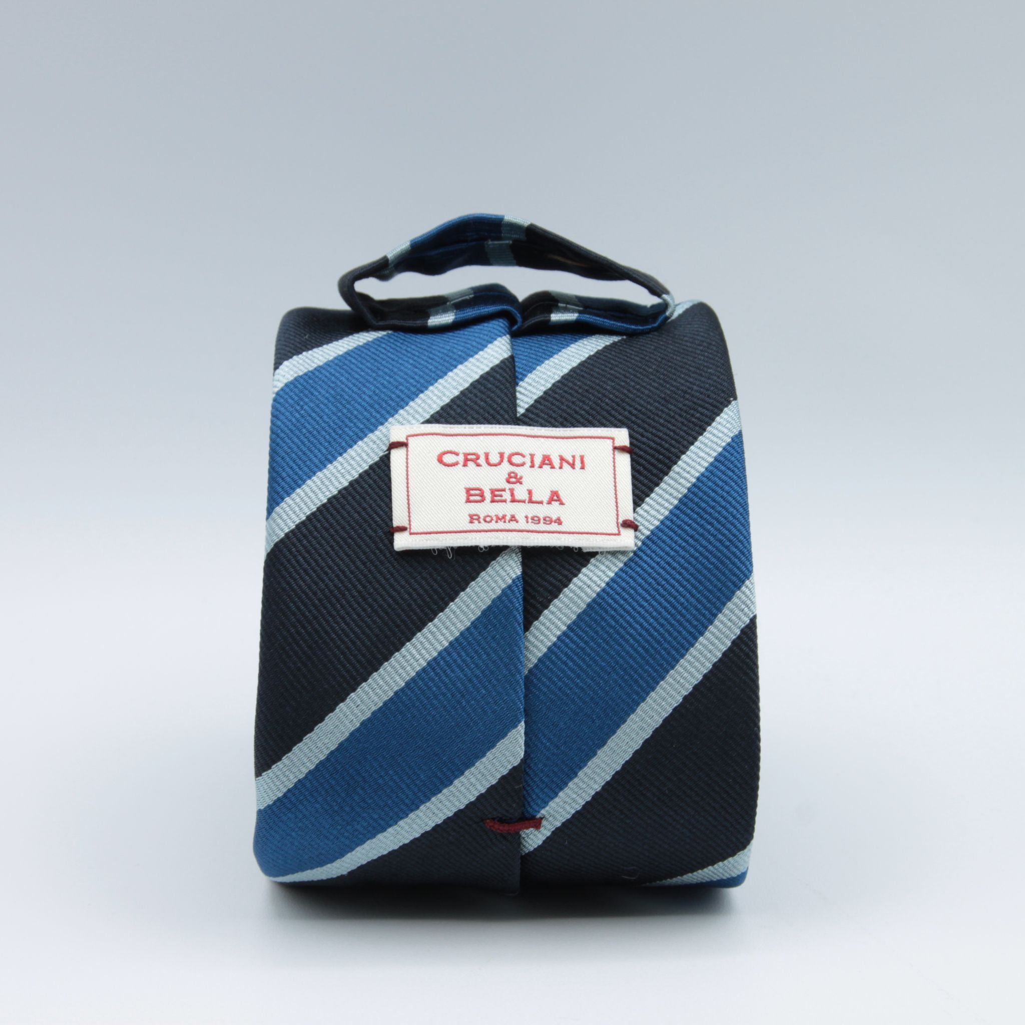 Cruciani & Bella 100% Silk Slim Shape Jacquard  Unlined Club "Glasgow Academicals F.P." Midnight Blue, Blue and Light Blue stripes tie Handmade in Italy 8 cm x 150 cm #7707