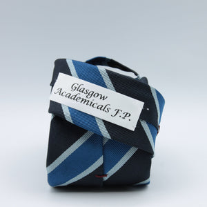 Cruciani & Bella 100% Silk Slim Shape Jacquard  Unlined Club "Glasgow Academicals F.P." Midnight Blue, Blue and Light Blue stripes tie Handmade in Italy 8 cm x 150 cm #7707