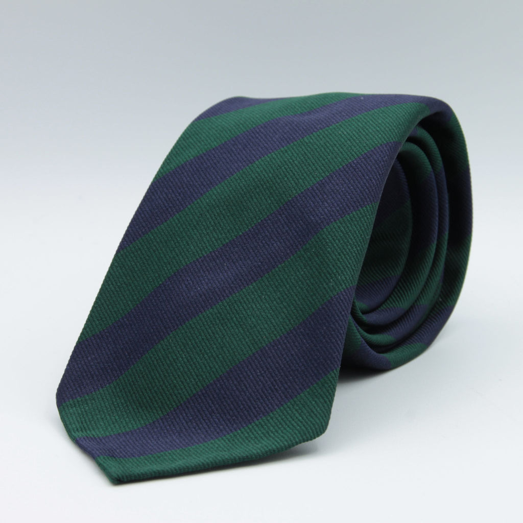 Cruciani & Bella 100% Silk Slim Shape Jacquard  Unlined Regimental "Inns of Court" Blue and Dark Green stripes tie Handmade in Italy 8 cm x 150 cm #7698