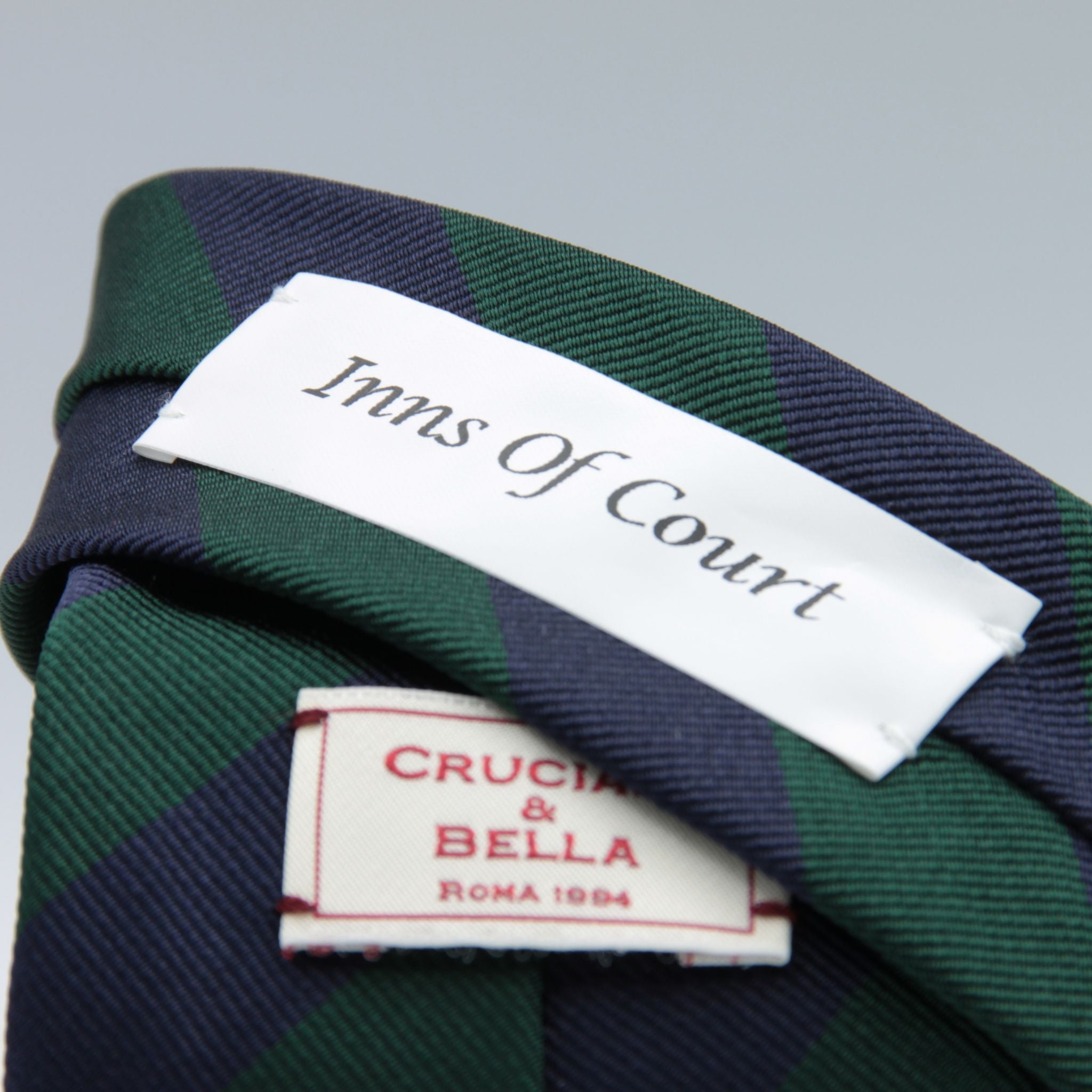 Cruciani & Bella 100% Silk Slim Shape Jacquard  Unlined Regimental "Inns of Court" Blue and Dark Green stripes tie Handmade in Italy 8 cm x 150 cm #7698