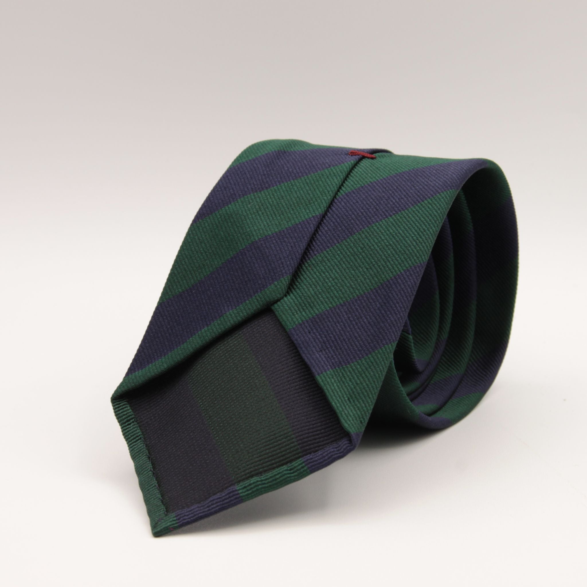 Cruciani & Bella 100% Silk Slim Shape Jacquard  Unlined Regimental "Inns of Court" Blue and Dark Green stripes tie Handmade in Italy 8 cm x 150 cm #7698
