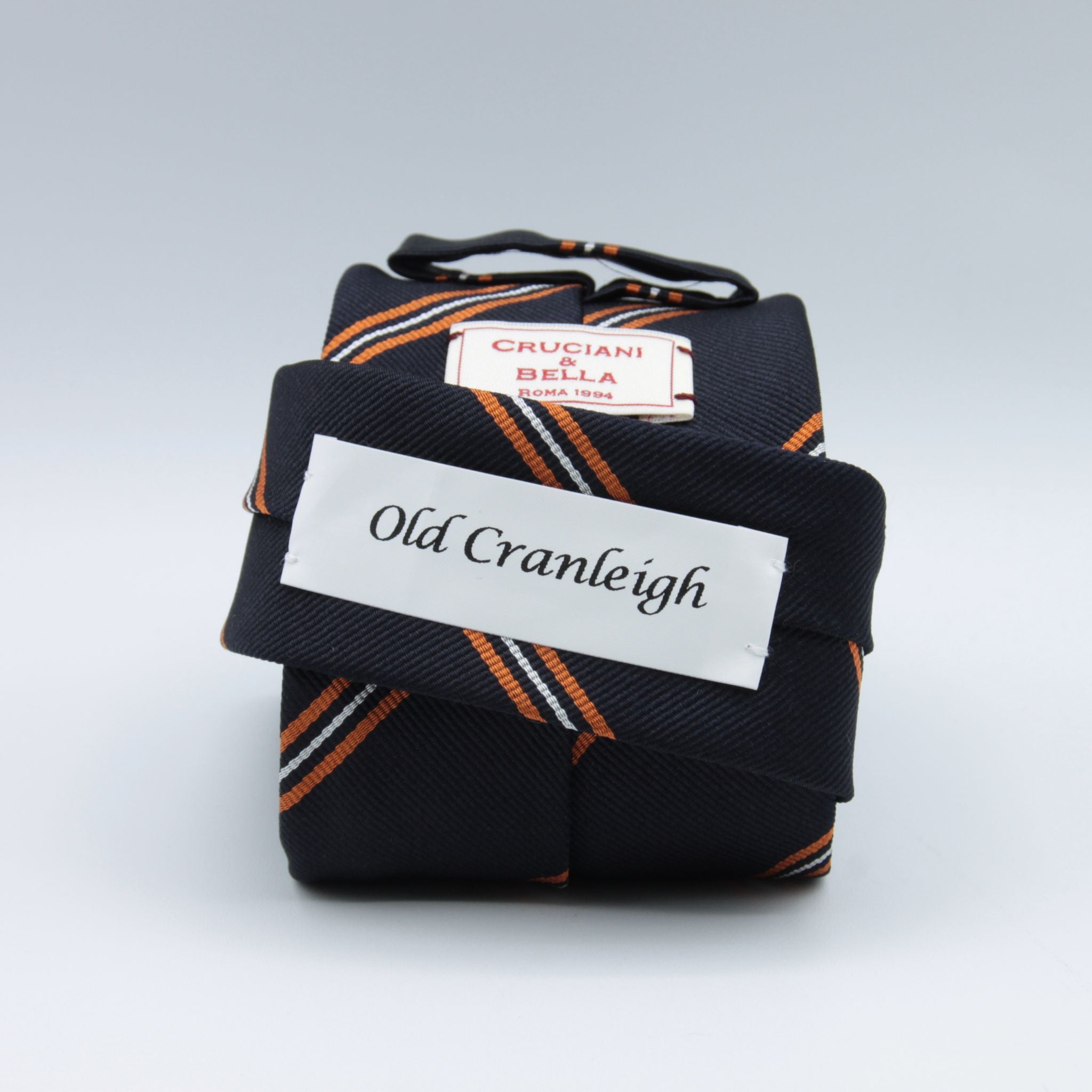 Cruciani & Bella 100% Silk Slim Shape Jacquard  Unlined "Old Cranleigh" Blue black, Orange and White stripes tie Handmade in Italy 8 cm x 150 cm #7704